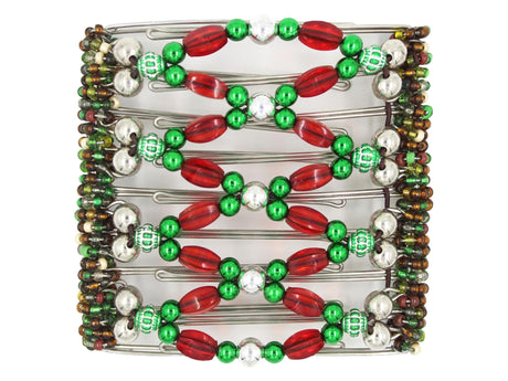 African Butterfly Wire Hair Clip - 9 Tong 986 - shiny silver beads, mirrored emerald green beads, bold red acrylic beads, decorative emerald green beads, white background