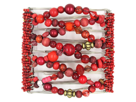 African Butterfly Wire Hair Clip - 9 Tong 977 - red fancy, wood and brass, white background
