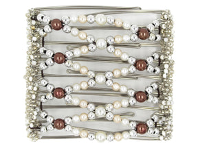 African Butterfly Wire Hair Clip - 9 Tong 992 - white pearl beads, silver beads, cream pearls, cocoa pearl beads, white and clear Czech seed beads, white background
