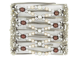 African Butterfly Wire Hair Clip - 9 Tong 992 - white pearl beads, silver beads, cream pearls, cocoa pearl beads, white and clear Czech seed beads, white background