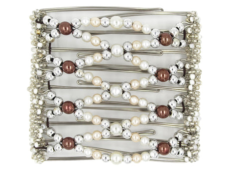 African Butterfly Wire Hair Clip - 9 Tong 992 - white pearl beads, silver beads, cream pearls, cocoa pearl beads, white and clear Czech seed beads, white background