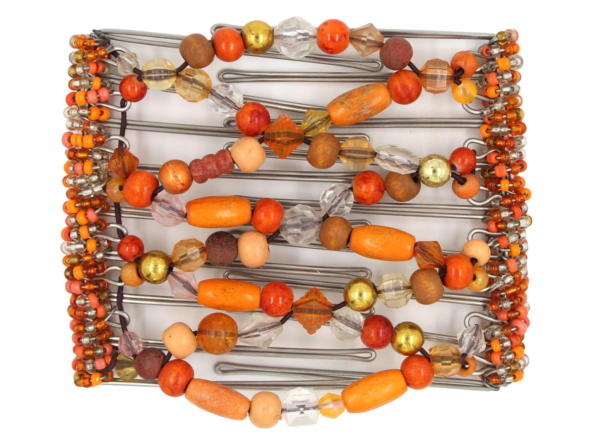 African Butterfly Wire Hair Clip - 9 Tong 993 - mixed shades of orange wood and acrylic beads, clear and orange seed bead edges, white background
