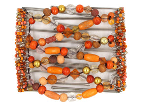 African Butterfly Wire Hair Clip - 9 Tong 993 - mixed shades of orange wood and acrylic beads, clear and orange seed bead edges, white background