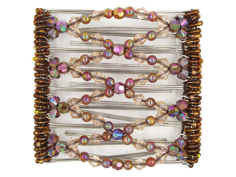 African Butterfly Wire Hair Clip - 9 Tong 994 - auburn Aurora Borealis beads, champagne acrylic beads, bronze Czech seed beads, white background