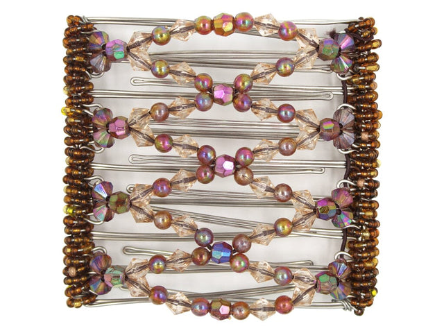 African Butterfly Wire Hair Clip - 9 Tong 994 - auburn Aurora Borealis beads, champagne acrylic beads, bronze Czech seed beads, white background