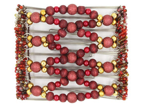 African Butterfly Wire Hair Clip - 9 Tong 995 - red shimmer beads, rustic cranberry wood beads, cherry pearl beads, gold beads, red and clear Czech glass seed beads, white background