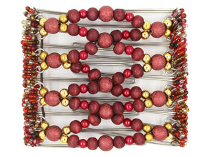 African Butterfly Wire Hair Clip - 9 Tong 995 - red shimmer beads, rustic cranberry wood beads, cherry pearl beads, gold beads, red and clear Czech glass seed beads, white background