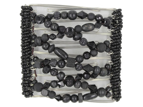 African Butterfly Wire Hair Clip - 9 Tong 996 - black acrylic and wood beads in varied shapes and sizes, white background