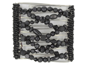 African Butterfly Wire Hair Clip - 9 Tong 996 - black acrylic and wood beads in varied shapes and sizes, white background