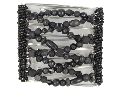 African Butterfly Wire Hair Clip - 9 Tong 996 - black acrylic and wood beads in varied shapes and sizes, white background
