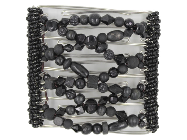 African Butterfly Wire Hair Clip - 9 Tong 996 - black acrylic and wood beads in varied shapes and sizes, white background