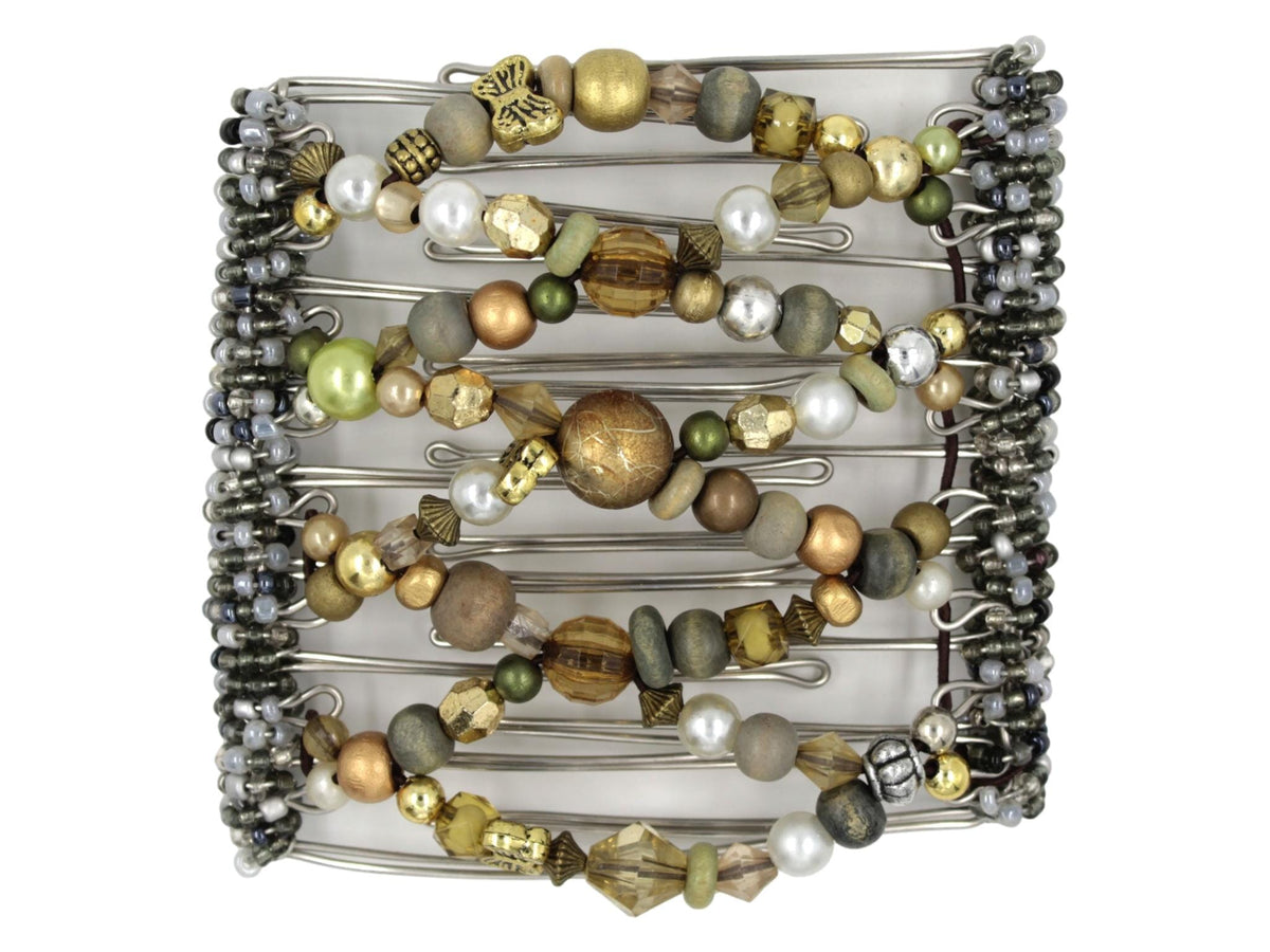 African Butterfly Wire Hair Clip - 9 Tong 997 - gold wood and fancy beads, rustic green-gray wood beads, white pearls, silver, gold butterfly beads, mixed metals, gunmetal and gray Czech glass seed beads along the spines, white background