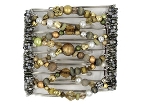 African Butterfly Wire Hair Clip - 9 Tong 997 - gold wood and fancy beads, rustic green-gray wood beads, white pearls, silver, gold butterfly beads, mixed metals, gunmetal and gray Czech glass seed beads along the spines, white background