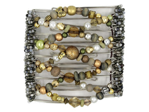African Butterfly Wire Hair Clip - 9 Tong 997 - gold wood and fancy beads, rustic green-gray wood beads, white pearls, silver, gold butterfly beads, mixed metals, gunmetal and gray Czech glass seed beads along the spines, white background