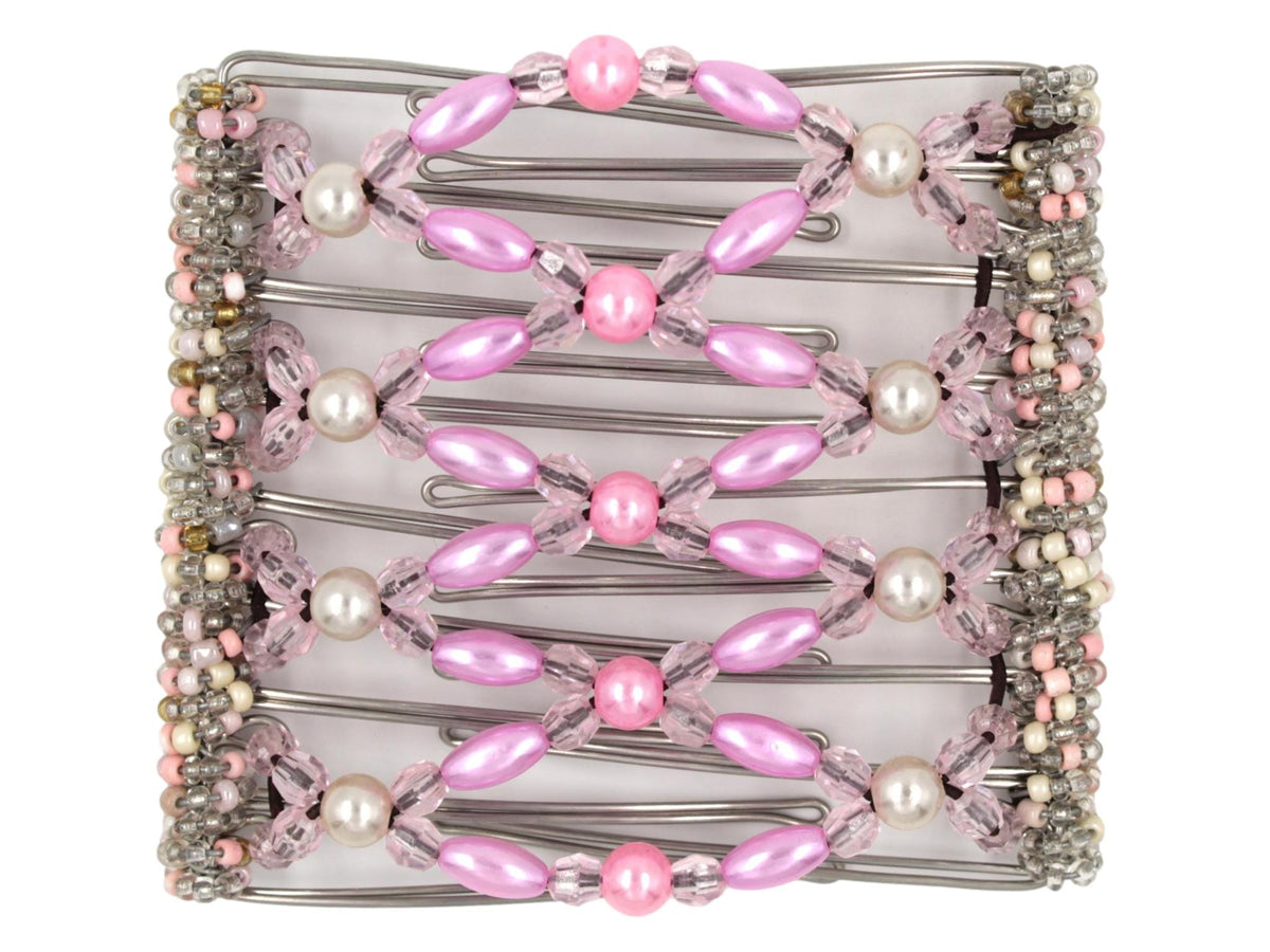 African Butterfly Wire Hair Clip - 9 Tong 998 - pink pearl beads, cream pearl beads, light pink acrylic beads, pink, white, and clear Czech seed beads along the edges, white background