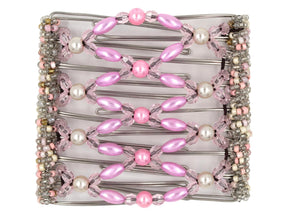 African Butterfly Wire Hair Clip - 9 Tong 998 - pink pearl beads, cream pearl beads, light pink acrylic beads, pink, white, and clear Czech seed beads along the edges, white background