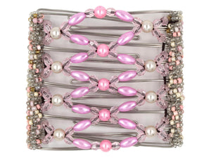 African Butterfly Wire Hair Clip - 9 Tong 998 - pink pearl beads, cream pearl beads, light pink acrylic beads, pink, white, and clear Czech seed beads along the edges, white background