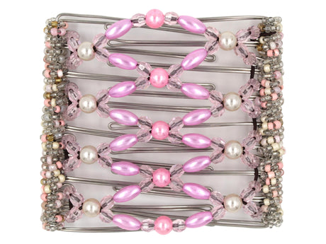 African Butterfly Wire Hair Clip - 9 Tong 998 - pink pearl beads, cream pearl beads, light pink acrylic beads, pink, white, and clear Czech seed beads along the edges, white background