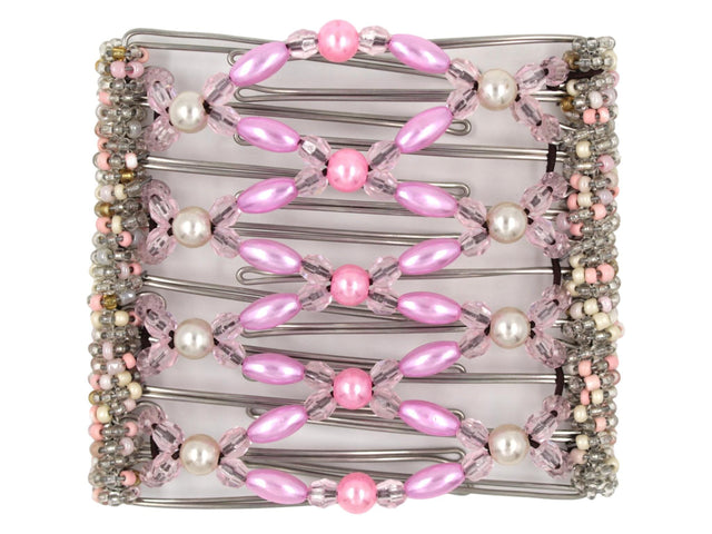 African Butterfly Wire Hair Clip - 9 Tong 998 - pink pearl beads, cream pearl beads, light pink acrylic beads, pink, white, and clear Czech seed beads along the edges, white background