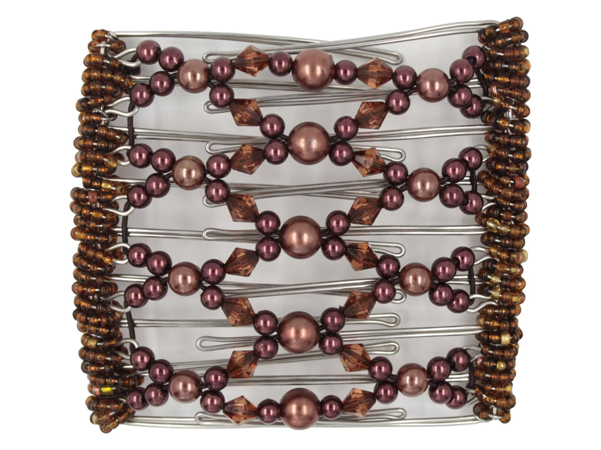 African Butterfly Wire Hair Clip - 9 Tong 999 - cinnamon brown pearl beads, burgundy pearl beads, smoked topaz acrylic beads, mixed brown Czech beads along the edges, white background