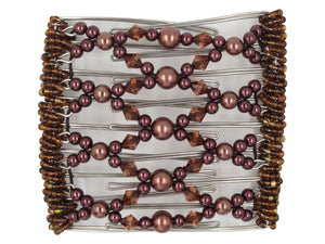 African Butterfly Wire Hair Clip - 9 Tong 999 - cinnamon brown pearl beads, burgundy pearl beads, smoked topaz acrylic beads, mixed brown Czech beads along the edges, white background