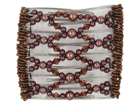 African Butterfly Wire Hair Clip - 9 Tong 999 - cinnamon brown pearl beads, burgundy pearl beads, smoked topaz acrylic beads, mixed brown Czech beads along the edges, white background
