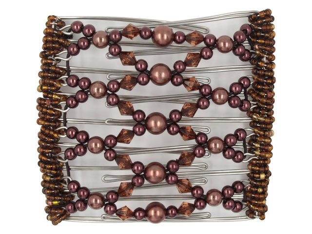 African Butterfly Wire Hair Clip - 9 Tong 999 - cinnamon brown pearl beads, burgundy pearl beads, smoked topaz acrylic beads, mixed brown Czech beads along the edges, white background