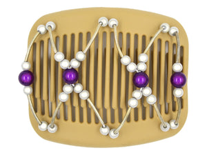 African Butterfly Hair Comb - Beada Tube Blonde 55 - violet magic beads, white magic beads, silver tube beads, white background