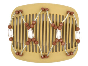 African Butterfly Hair Comb - Beada Tube Blonde 56 - toffee beads, silver tube beads, clear crystal accent beads, white background