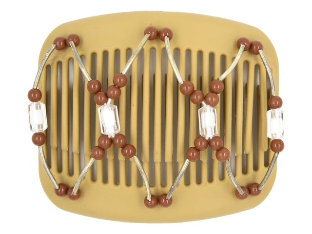African Butterfly Hair Comb - Beada Tube Blonde 56 - toffee beads, silver tube beads, clear crystal accent beads, white background