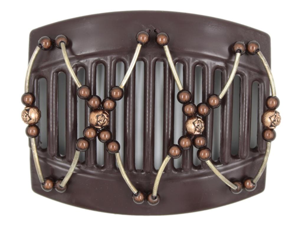 African Butterfly Hair Comb - Beada Tube Brown 75 - silver tube beads, copper rose beads, brown magic beads, white background