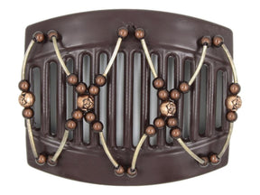 African Butterfly Hair Comb - Beada Tube Brown 75 - silver tube beads, copper rose beads, brown magic beads, white background
