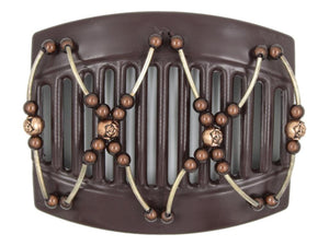 African Butterfly Hair Comb - Beada Tube Brown 75 - silver tube beads, copper rose beads, brown magic beads, white background