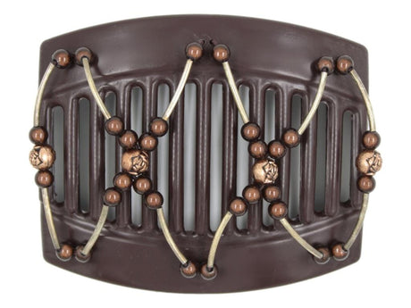 African Butterfly Hair Comb - Beada Tube Brown 75 - silver tube beads, copper rose beads, brown magic beads, white background