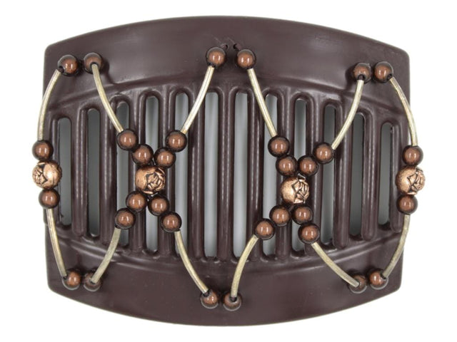African Butterfly Hair Comb - Beada Tube Brown 75 - silver tube beads, copper rose beads, brown magic beads, white background