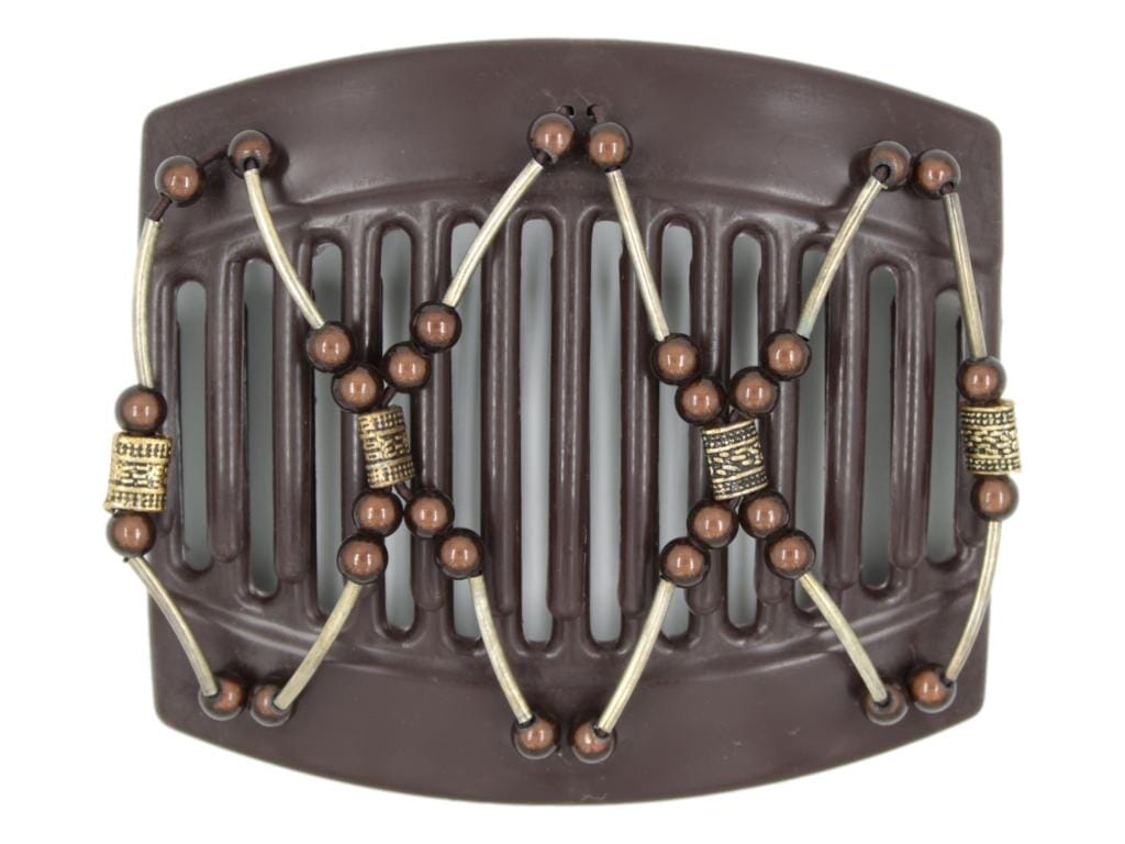 African Butterfly Hair Comb - Beada Tube Brown 76 - decorative copper beads, brown magic beads, silver tube beads, white background