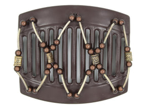 African Butterfly Hair Comb - Beada Tube Brown 76 - decorative copper beads, brown magic beads, silver tube beads, white background