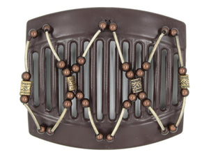 African Butterfly Hair Comb - Beada Tube Brown 76 - decorative copper beads, brown magic beads, silver tube beads, white background