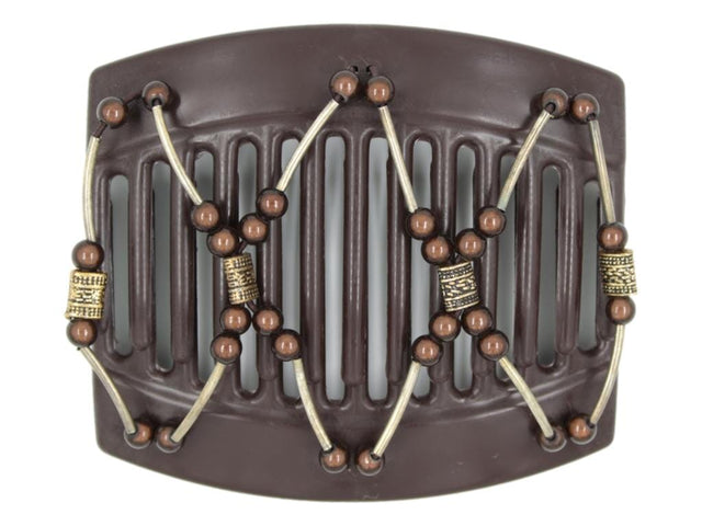 African Butterfly Hair Comb - Beada Tube Brown 76 - decorative copper beads, brown magic beads, silver tube beads, white background