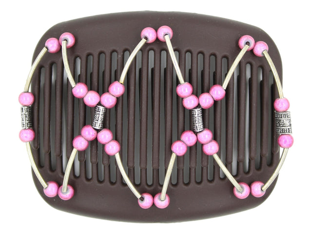 African Butterfly Hair Comb - Beada Tube Brown 77 - silver beads, dusty rose magic beads, silver tube beads, white background