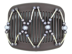 African Butterfly Hair Comb - Beada Tube Brown 78 - gray translucent beads, charcoal gray magic beads, silver tube beads, white background