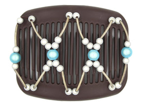 African Butterfly Hair Comb - Beada Tube Brown 79 - aqua blue magic beads, white magic beads, silver tube beads, white background