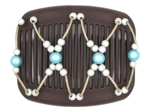 African Butterfly Hair Comb - Beada Tube Brown 79 - aqua blue magic beads, white magic beads, silver tube beads, white background