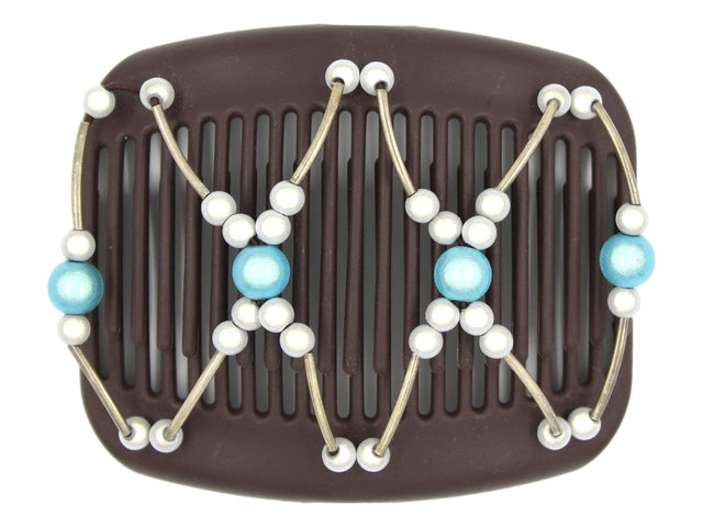 African Butterfly Hair Comb - Beada Tube Brown 79 - aqua blue magic beads, white magic beads, silver tube beads, white background