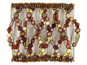 African Butterfly Wire Hair Clip - 11 Tong 528 - deep amber crystal, warm taupe pearl and antique gold beads, white background