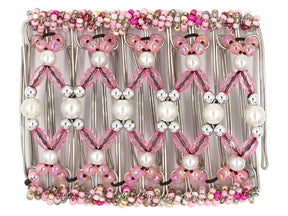 African Butterfly Wire Hair Clip - 11 Tong 529 - white pearl, pink faceted crystal and silver beads, white background