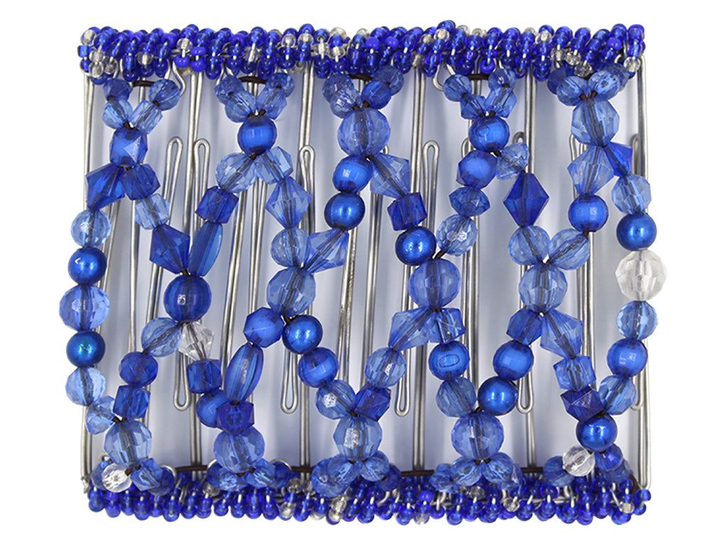 African Butterfly Wire Hair Clip - 11 Tong 530 - cobalt blue pearl, navy blue crystal and royal blue and clear seed beads, white background
