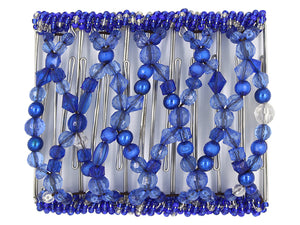 African Butterfly Wire Hair Clip - 11 Tong 530 - cobalt blue pearl, navy blue crystal and royal blue and clear seed beads, white background
