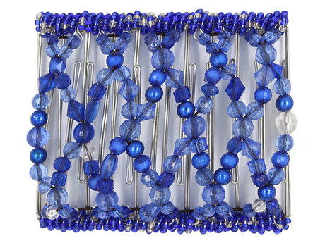 African Butterfly Wire Hair Clip - 11 Tong 530 - cobalt blue pearl, navy blue crystal and royal blue and clear seed beads, white background