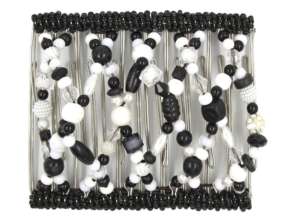 African Butterfly Wire Hair Clip - 11 Tong 531 - black faceted crystals, white pearls and clear crystal beads, white background